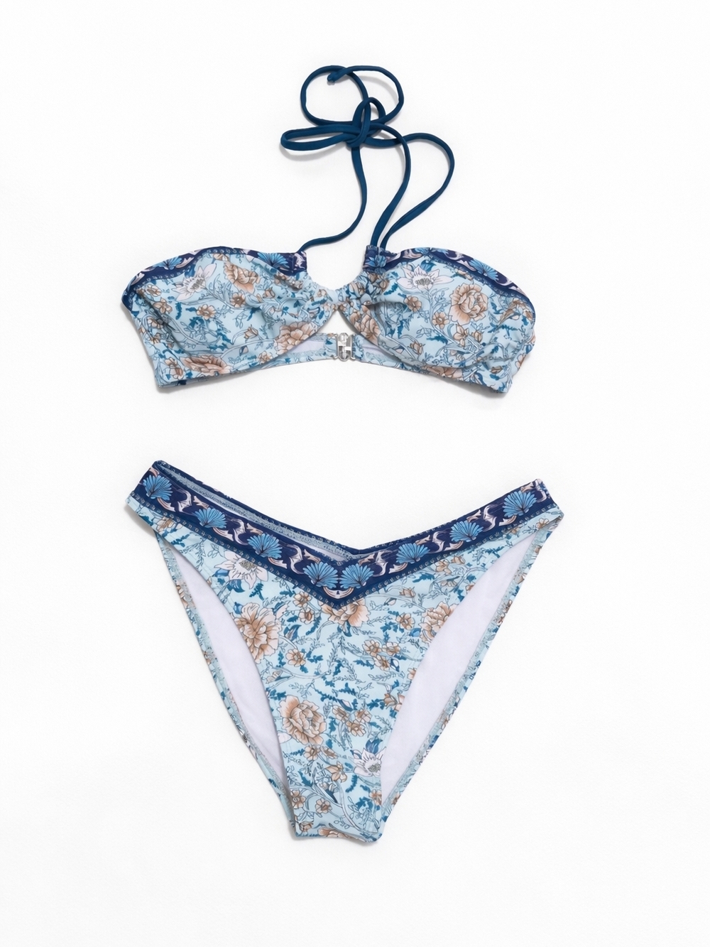 Blue Floral Bikini Set Size Small Bandeau Halter V Cut Bottom Boho Coastal Swim